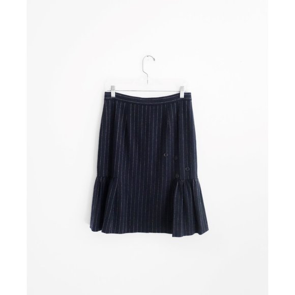 Vtg 00s Y2K Moschino Navy Blue Pinstripe Wool Button Trumpet Skirt IT 40 US 4 - Picture 2 of 6